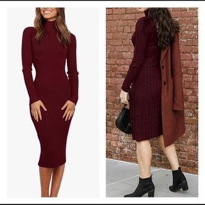 NWT Long Sleeve Sweater Dress High Neck Slim Fit Knitted Midi Dress( Wine